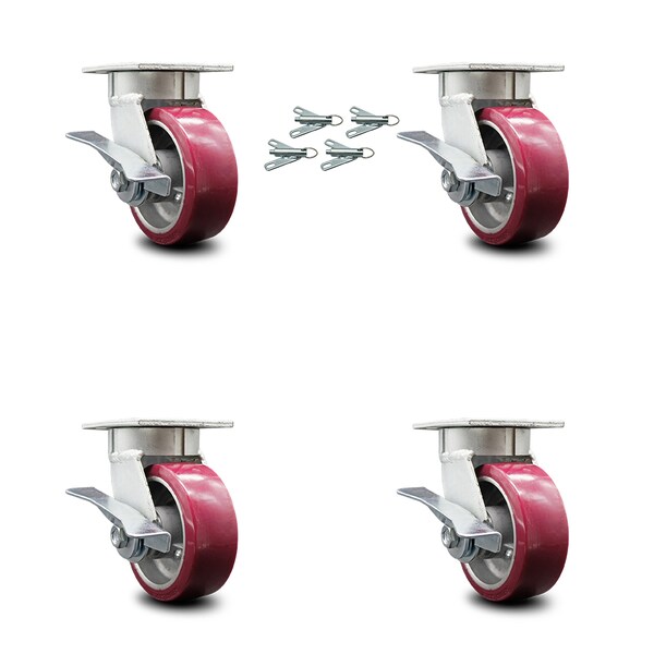 5 Inch Kingpinless Poly on Aluminum Caster Set with Brakes and Swivel Locks SCC
